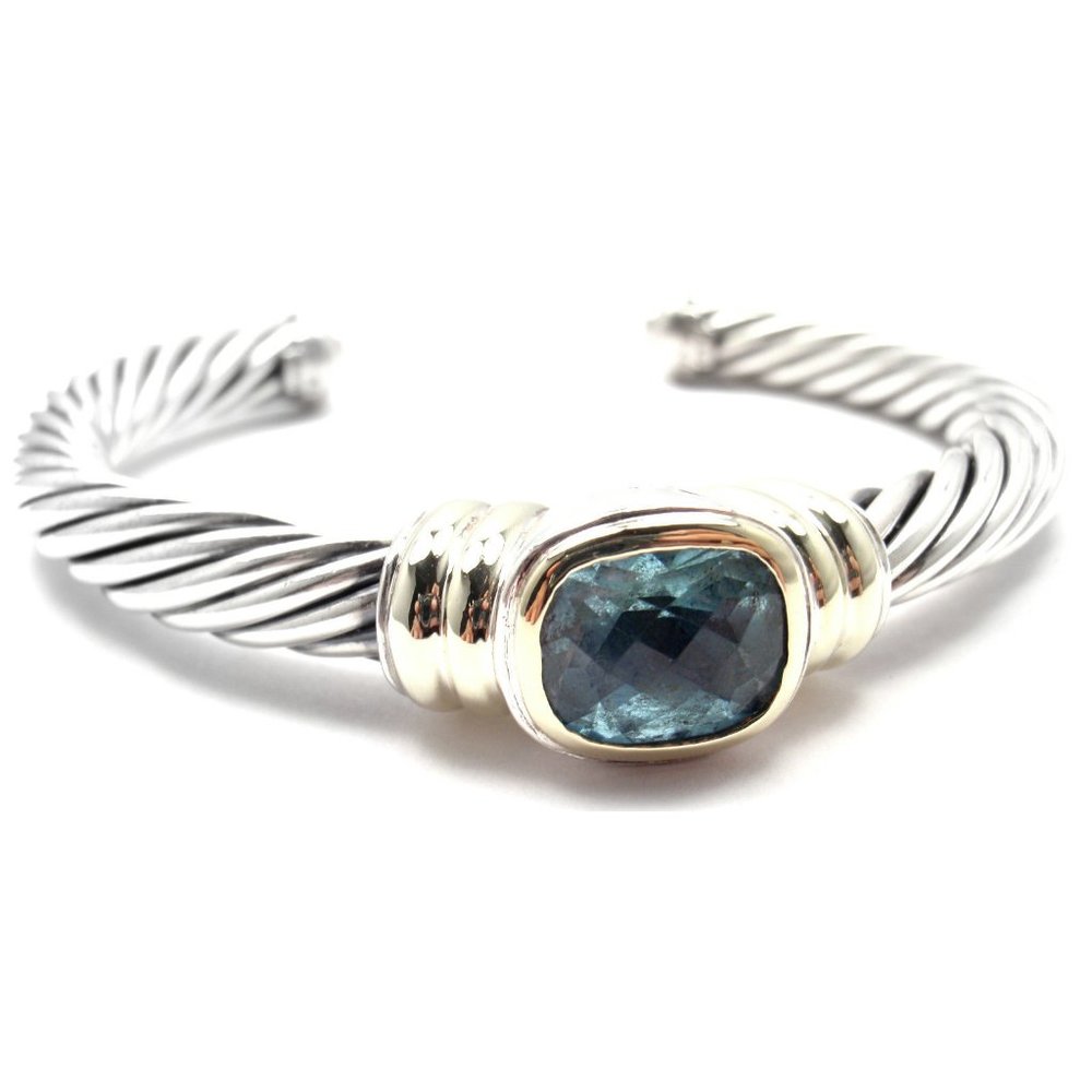 Authentic! D.Yurman Noblesse 14k Yg Sterling Silver Blue Topaz Bangle Bracele